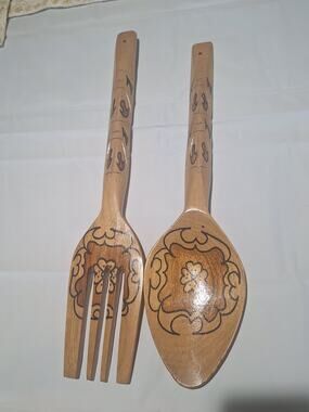 Vintage 20" Oversized Wood Fork Spoon Wall Decor Hand Painted Floral Kitchen MCM
